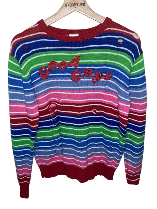 Spirit Of Halloween Sweaters - Spirit Halloween Chucky Good Guys adult striped distressed sweater